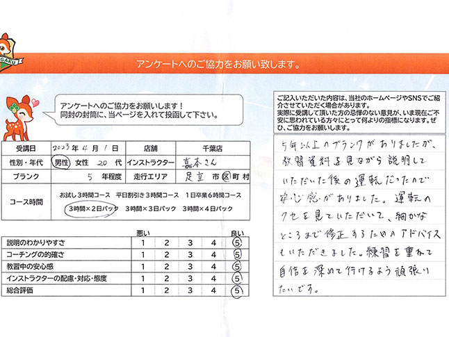 足立区 20代男性 ペーパードライバー講習アンケート