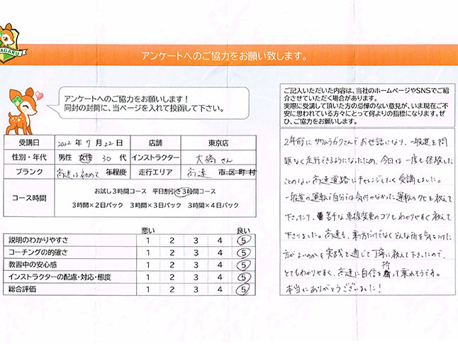 足立区 30代女性 ペーパードライバー講習アンケート