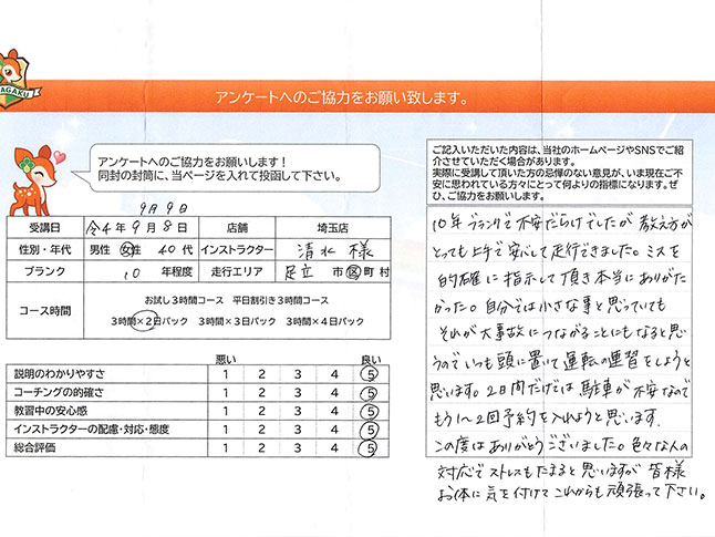 足立区 40代女性 ペーパードライバー講習アンケート