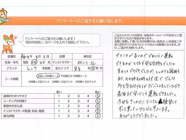 足立区 40代女性 ペーパードライバー講習アンケート