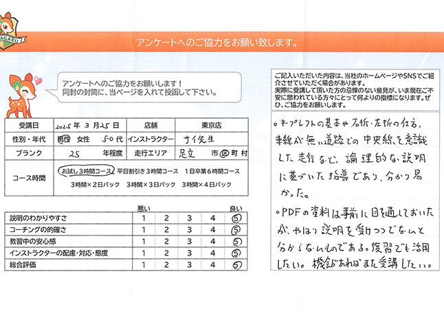 足立区 50代男性 ペーパードライバー講習アンケート