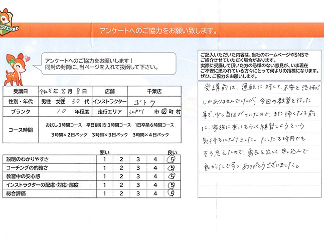 江戸川区 30代女性 ペーパードライバー講習アンケート
