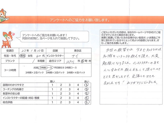 江戸川区 40代男性 ペーパードライバー講習アンケート