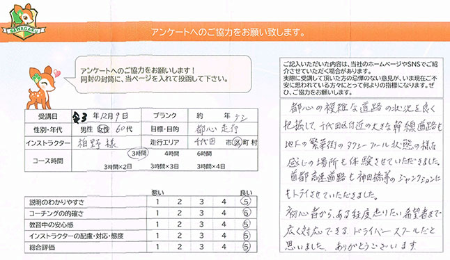 千代田区 60代女性 ペーパードライバー講習アンケート 千代田区 60代女性 ペーパードライバー講習アンケート