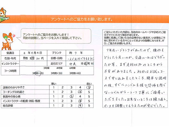 中央区 20代女性 ペーパードライバー講習アンケート 中央区 20代女性 ペーパードライバー講習アンケート