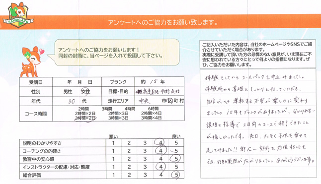 中央区 30代女性 ペーパードライバー講習アンケート