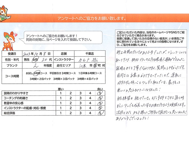 江東区 20代女性 ペーパードライバー講習アンケート
