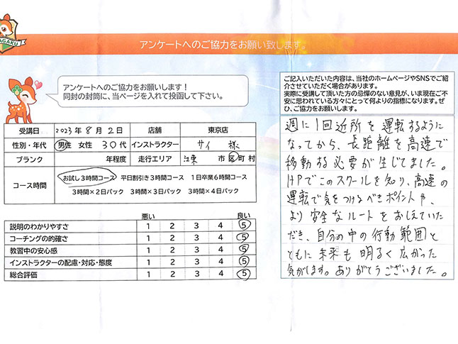 実際にサワムラガクのペーパードライバー講習を受講された、江東区30代男性のお客様の声をご紹介しています。 実際にサワムラガクのペーパードライバー講習を受講された、江東区30代男性のお客様の声をご紹介しています。