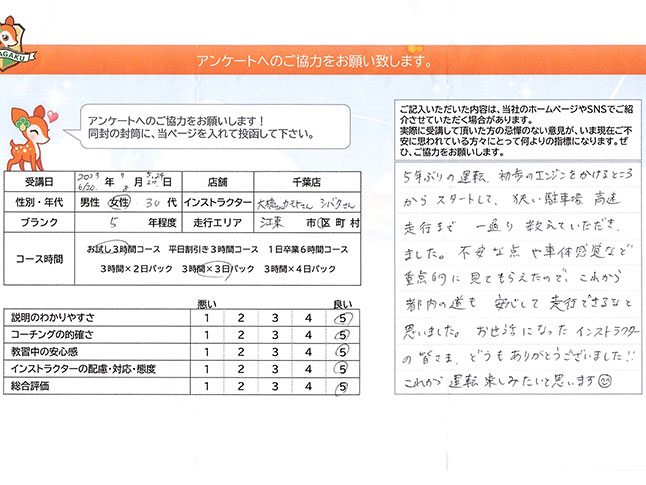 江東区 30代女性 ペーパードライバー講習アンケート