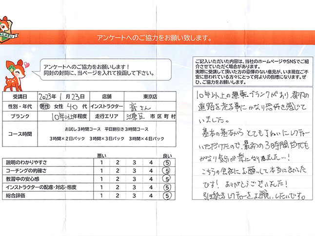 江東区 40代男性 ペーパードライバー講習アンケート