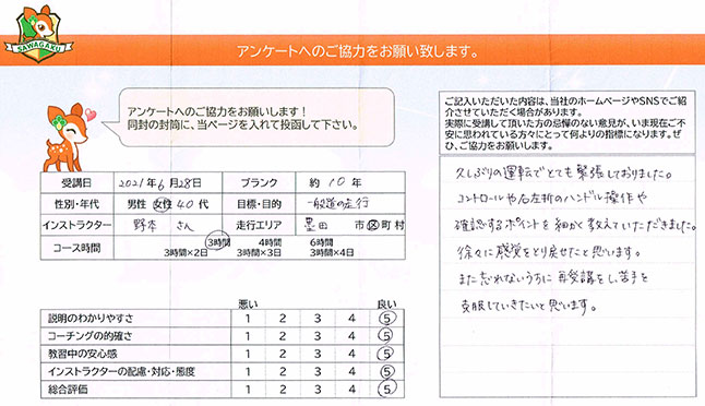 墨田区 40代女性 ペーパードライバー講習アンケート