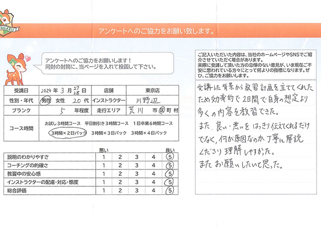 荒川区 20代男性 ペーパードライバー講習アンケート